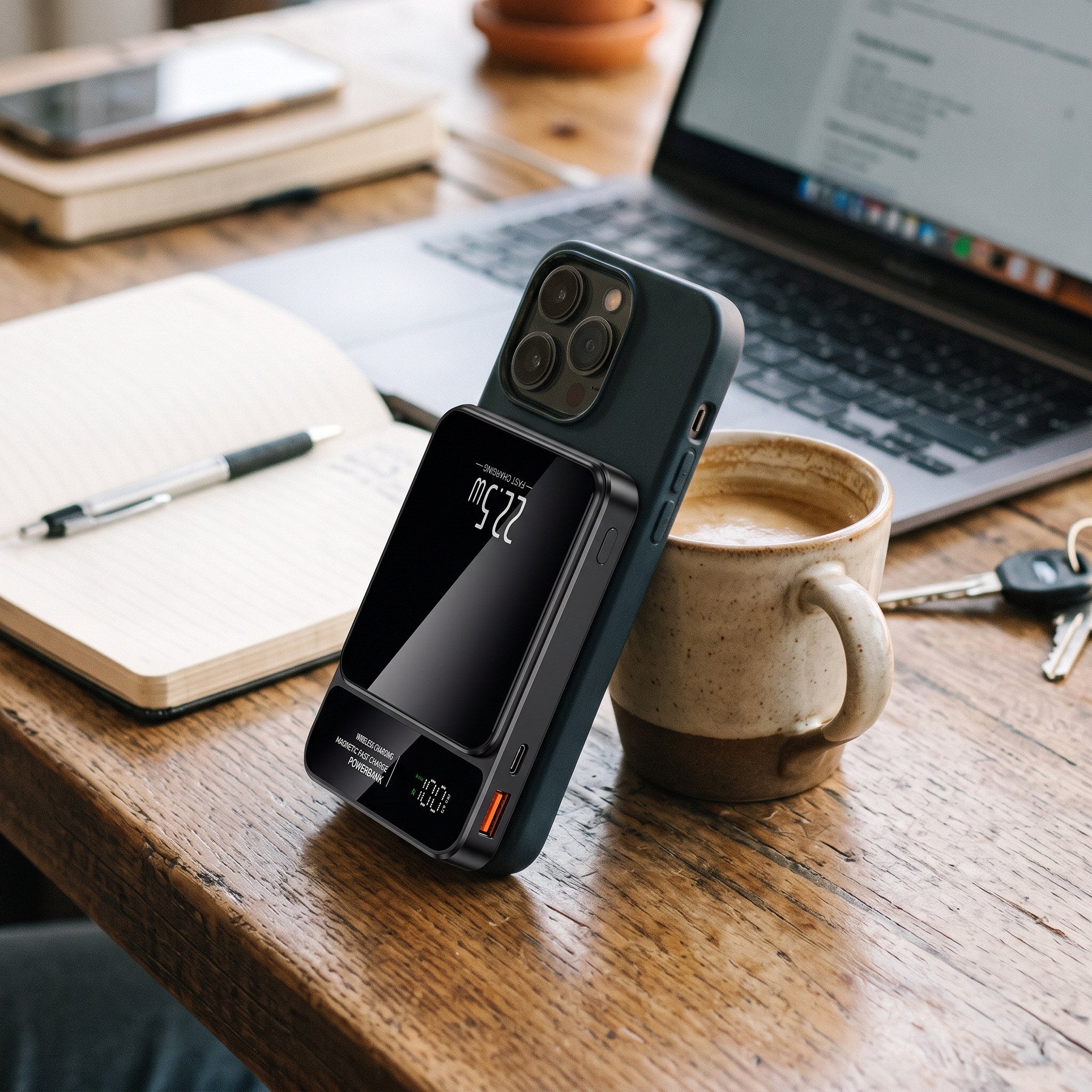 Black CarryCharge attached to a phone beside a laptop