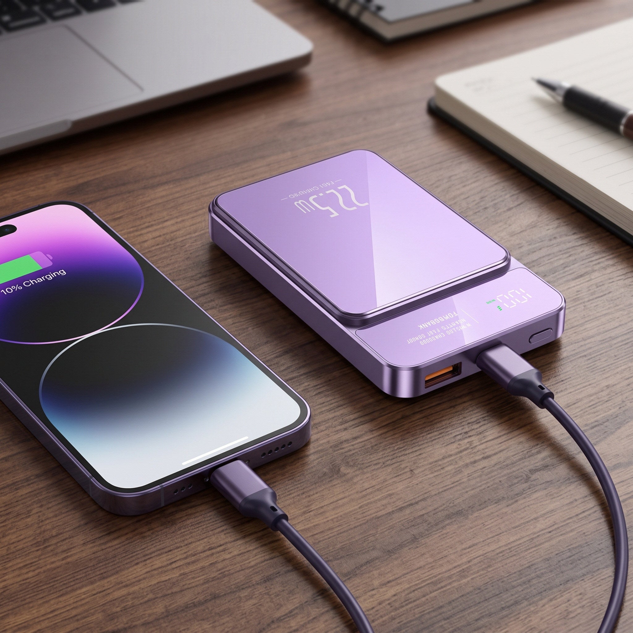 CarryCharge battery display and USB-C and USB-A ports