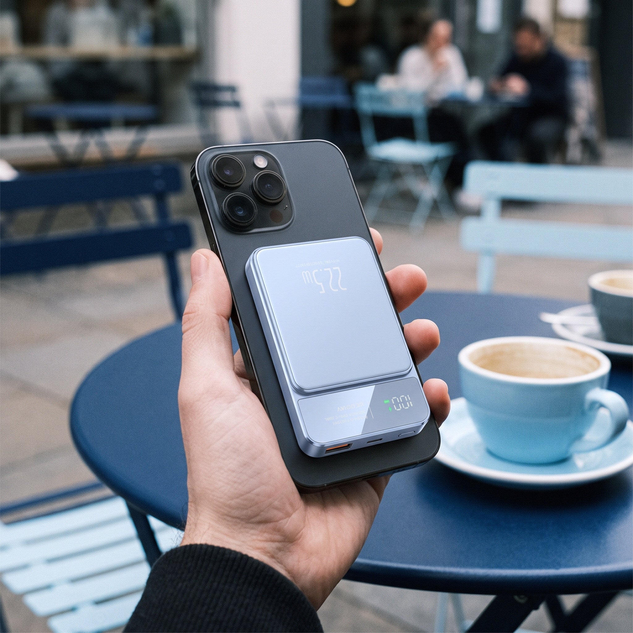 Blue CarryCharge magnetic power bank with battery display