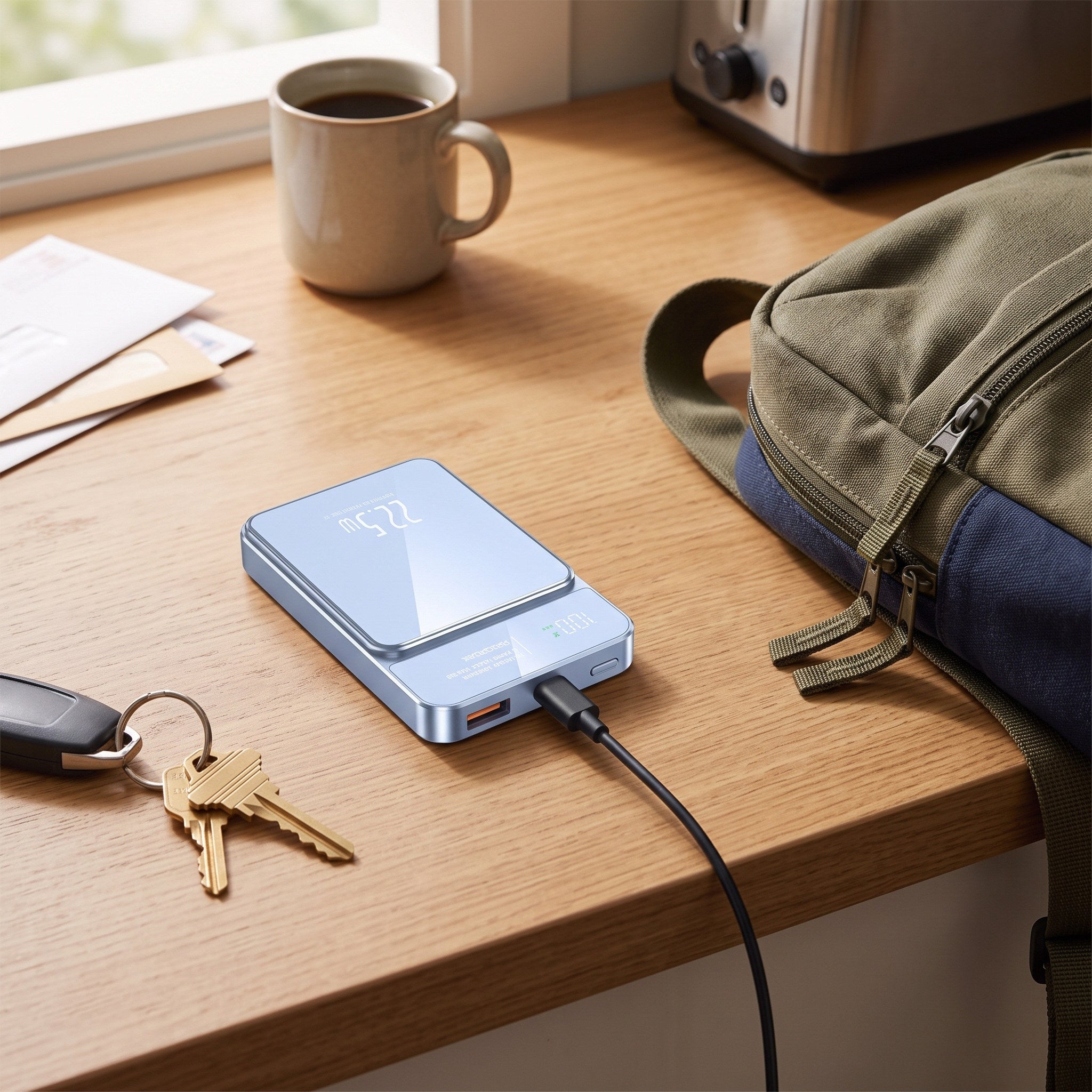 Blue CarryCharge recharging beside a packed day bag
