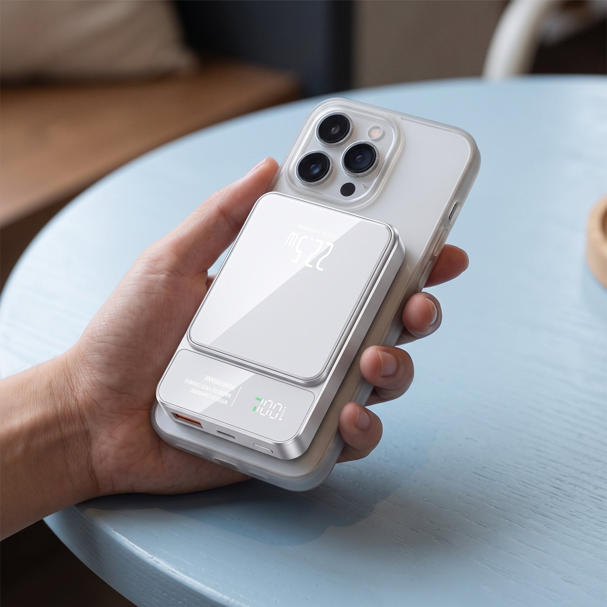 CarryCharge magnetic power bank aligned with a compatible phone