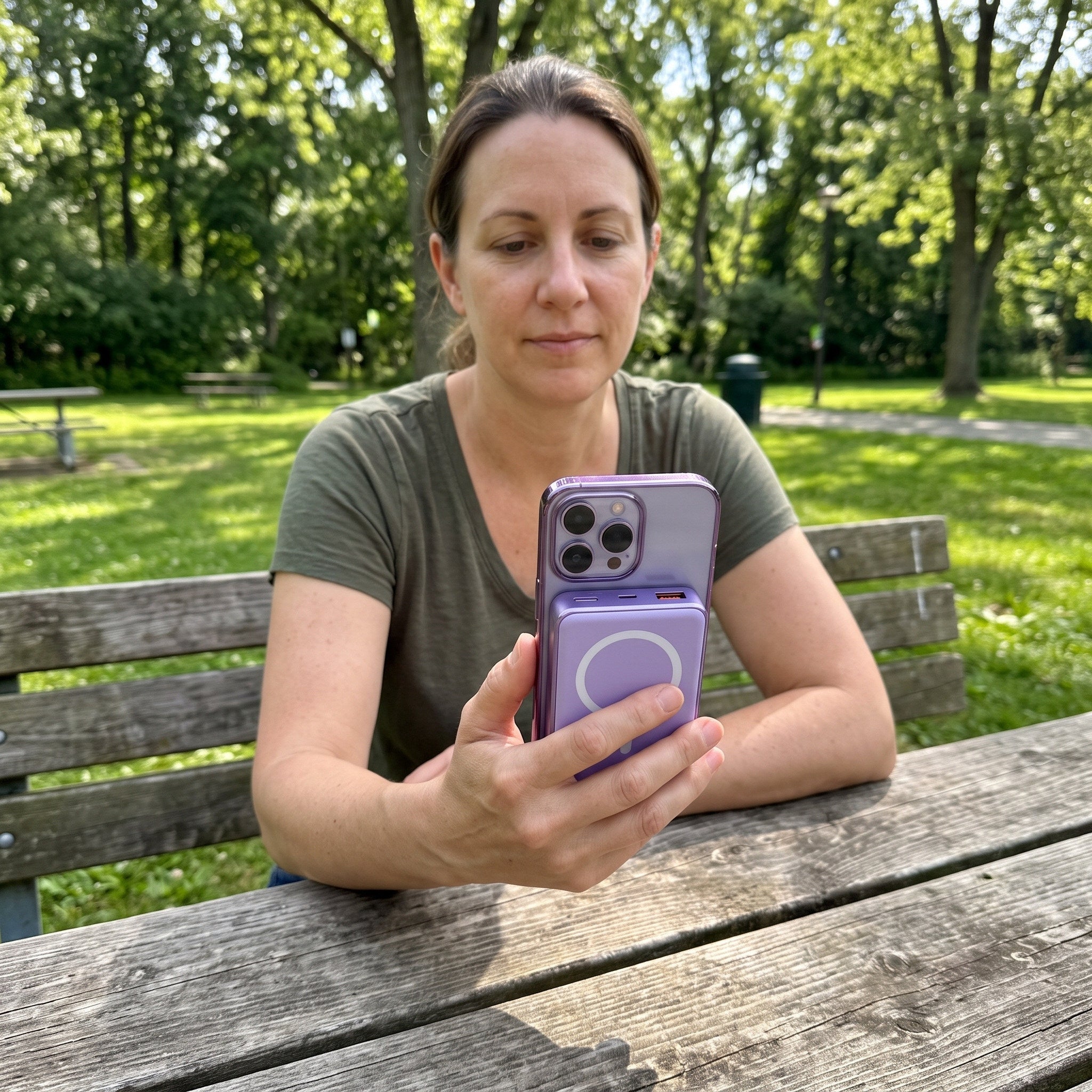 Purple CarryCharge at a park picnic