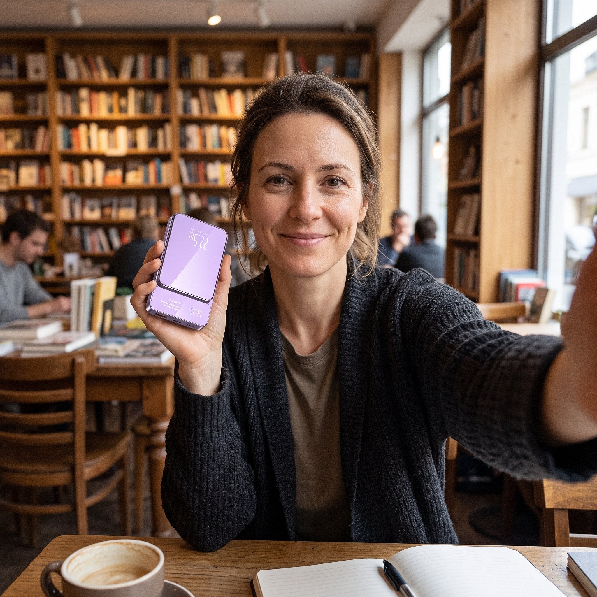 Purple CarryCharge during a bookshop cafe break