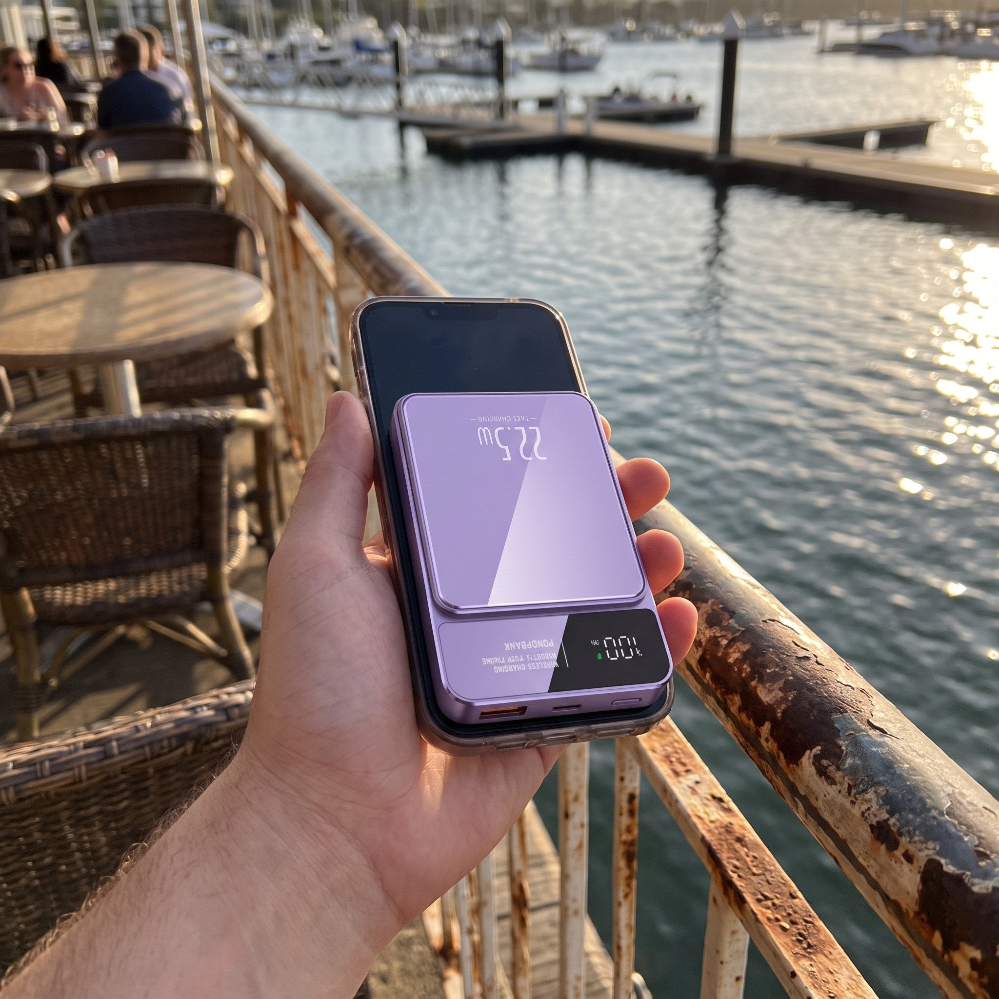 Purple CarryCharge at a waterfront cafe
