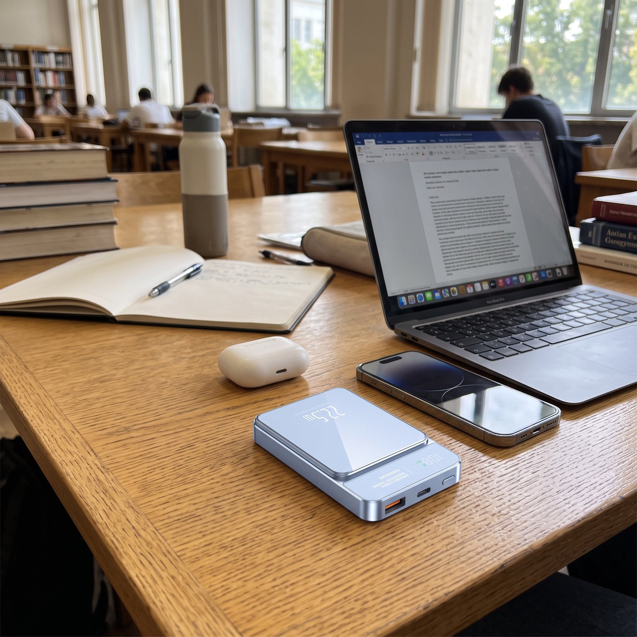 Blue CarryCharge beside a laptop in a library