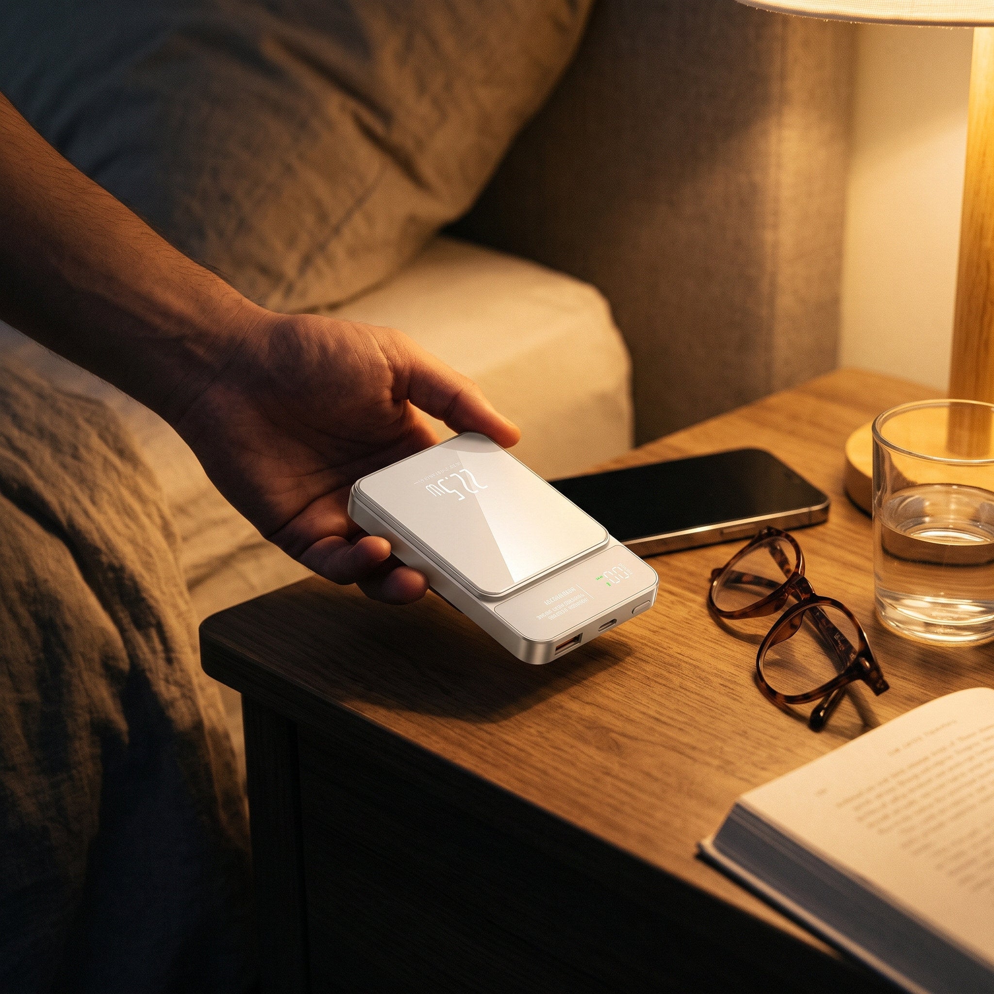 White CarryCharge beside a bedside table