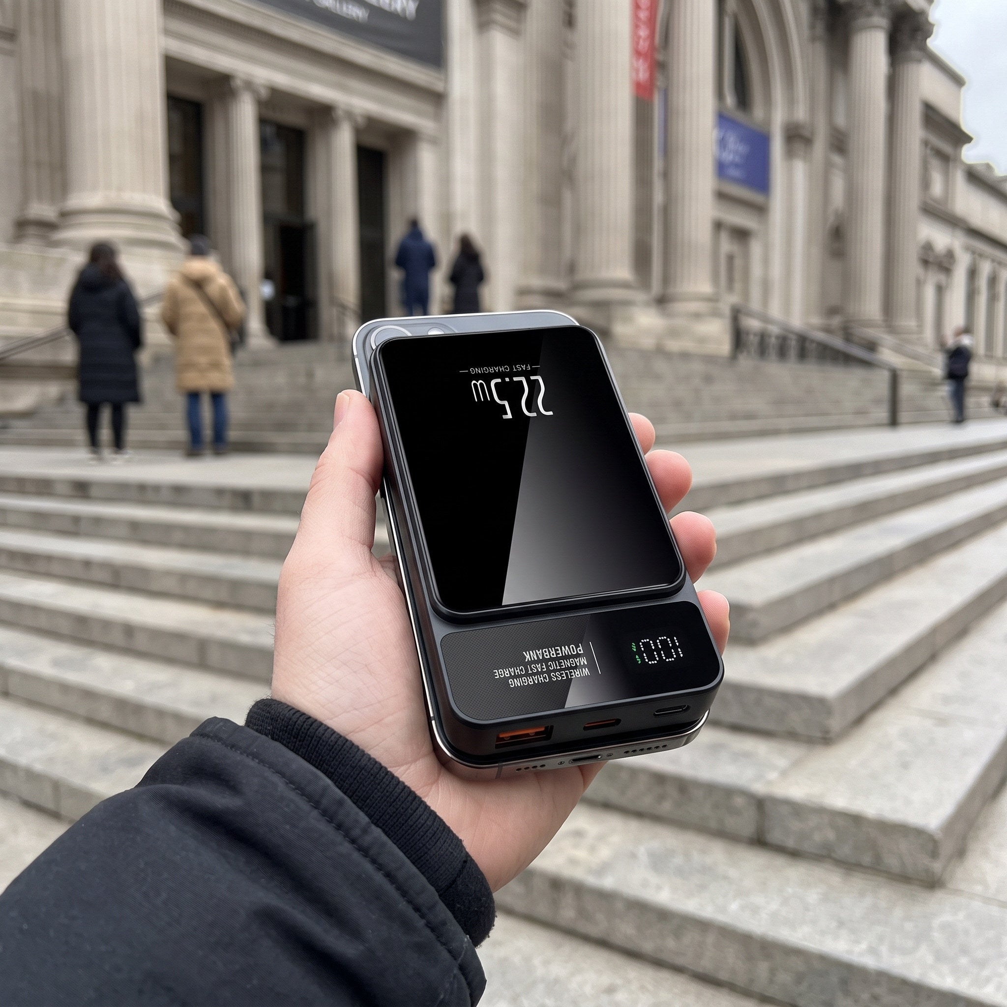 Black CarryCharge outside an art gallery