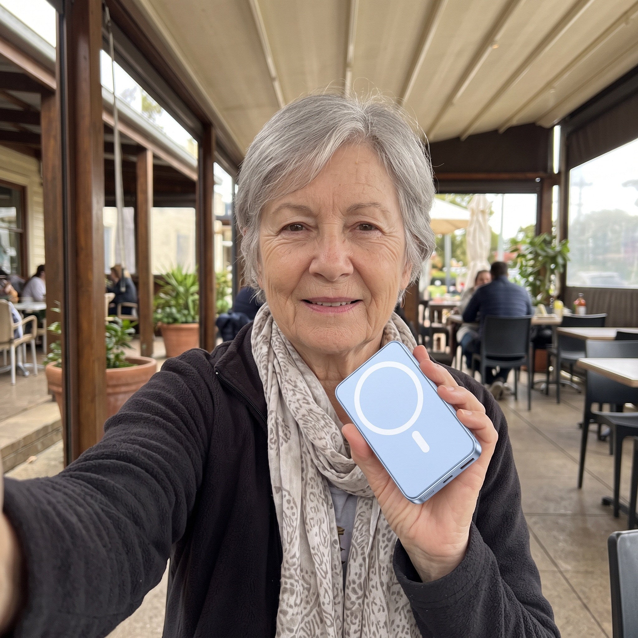 Blue CarryCharge on a covered cafe patio