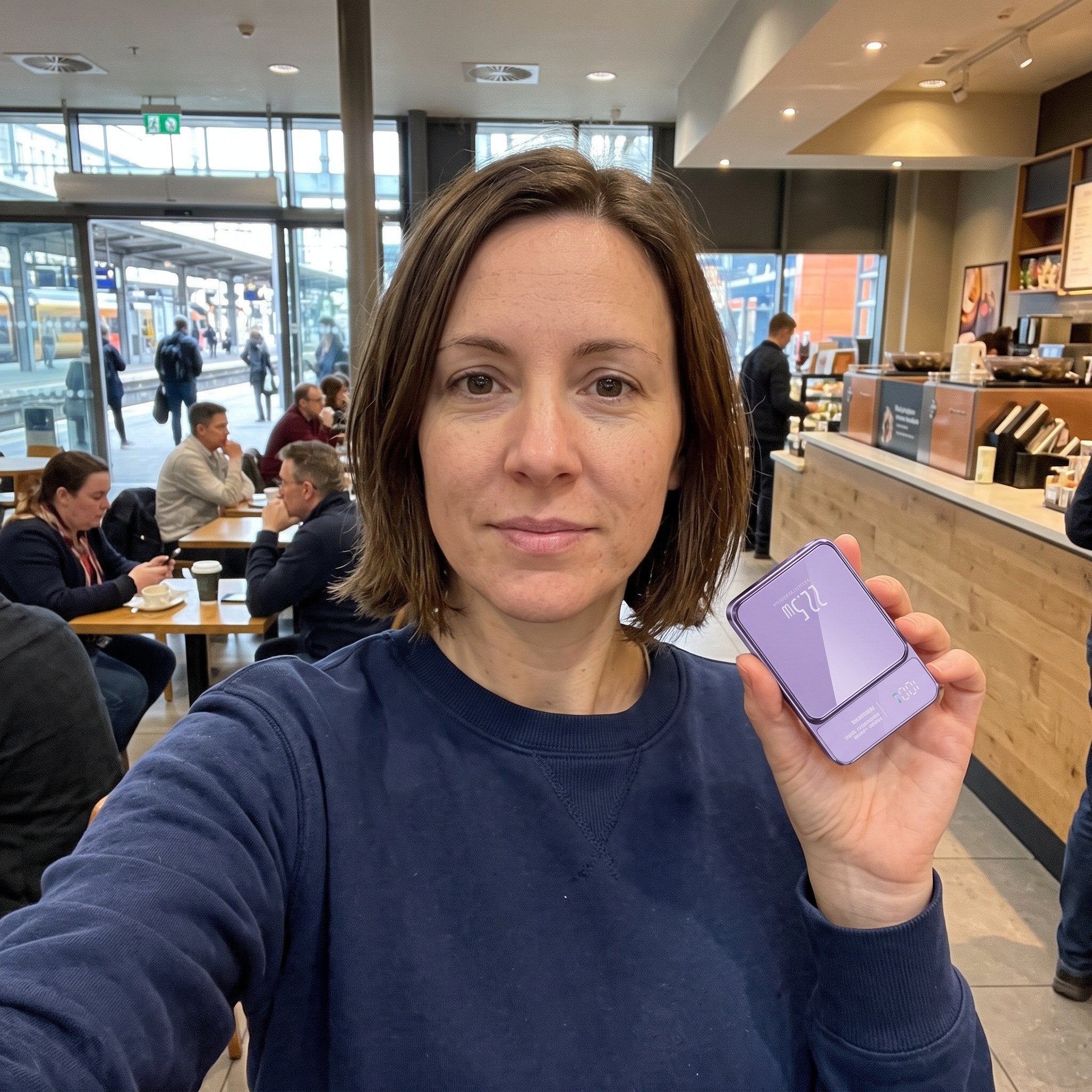 Emma with a Purple CarryCharge at a station cafe