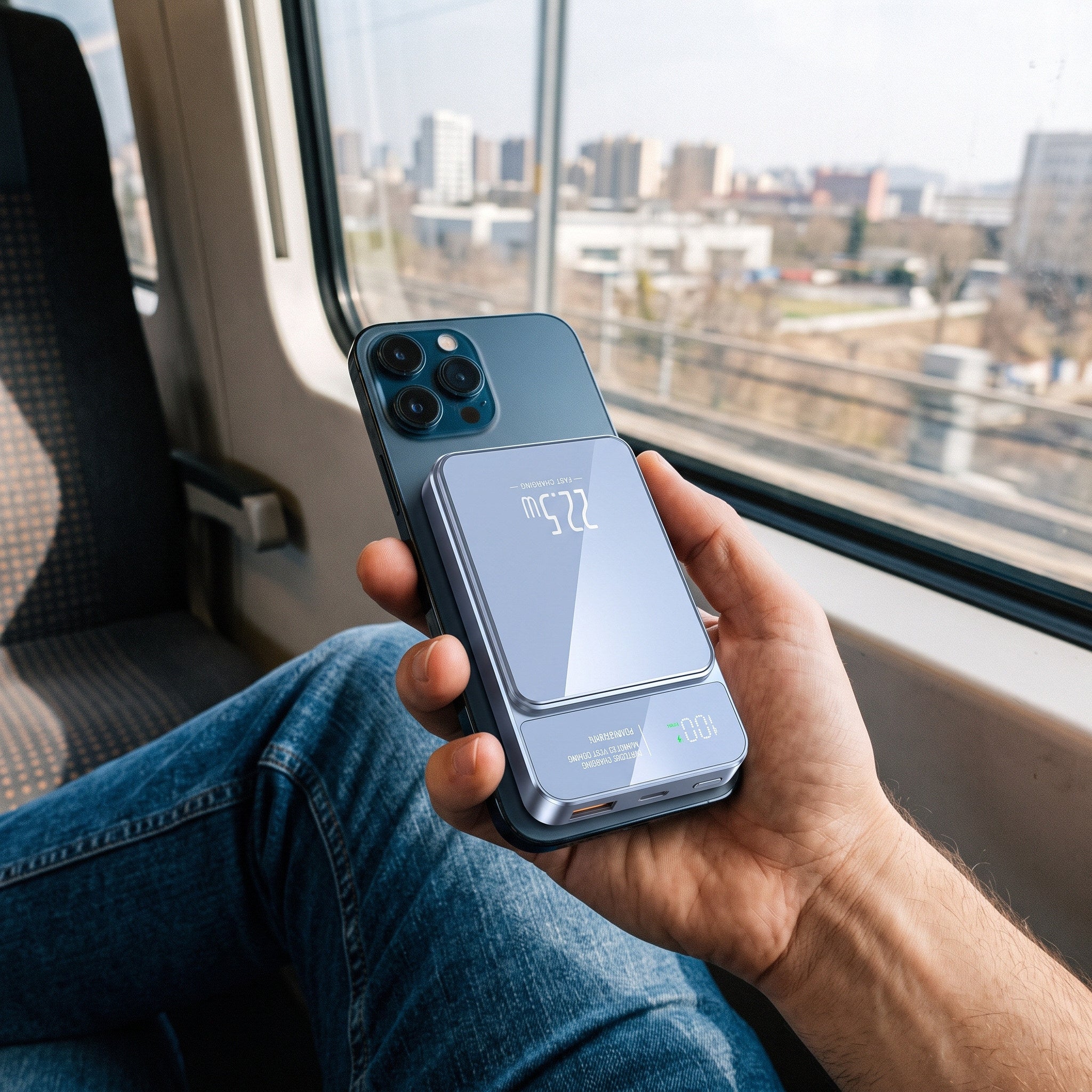 Blue CarryCharge and a phone on a train