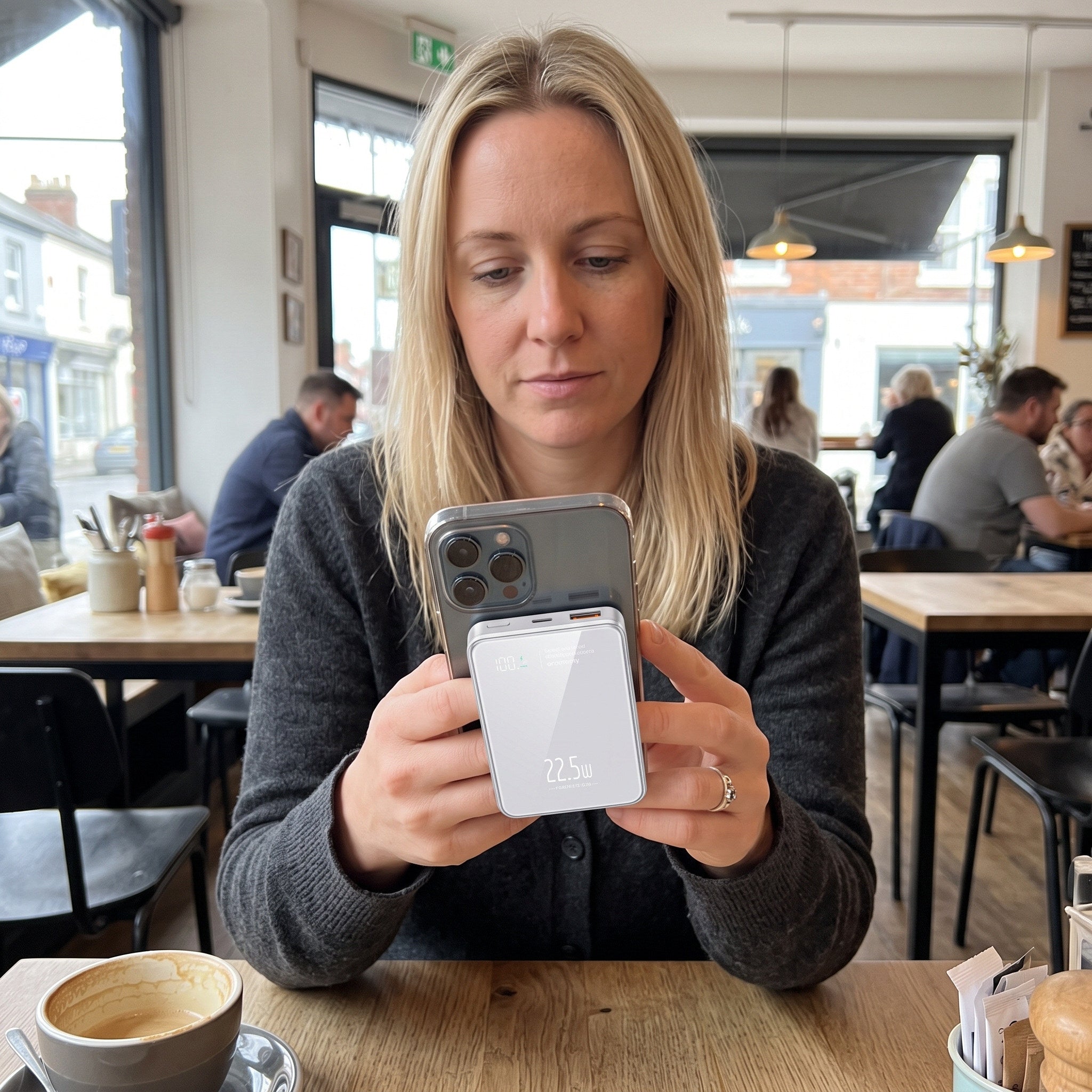 White CarryCharge on a cafe table