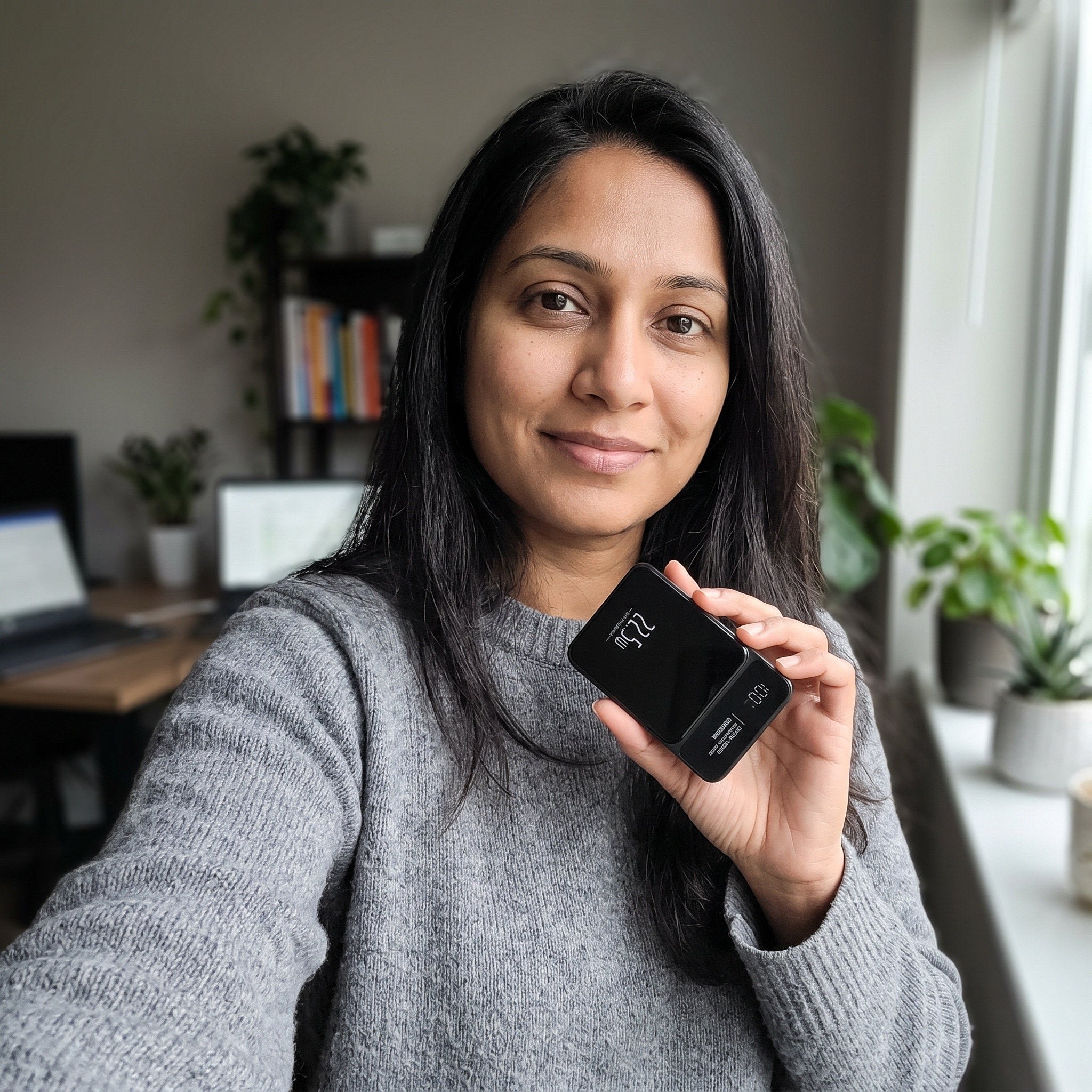 Priya with a Black CarryCharge in her home office