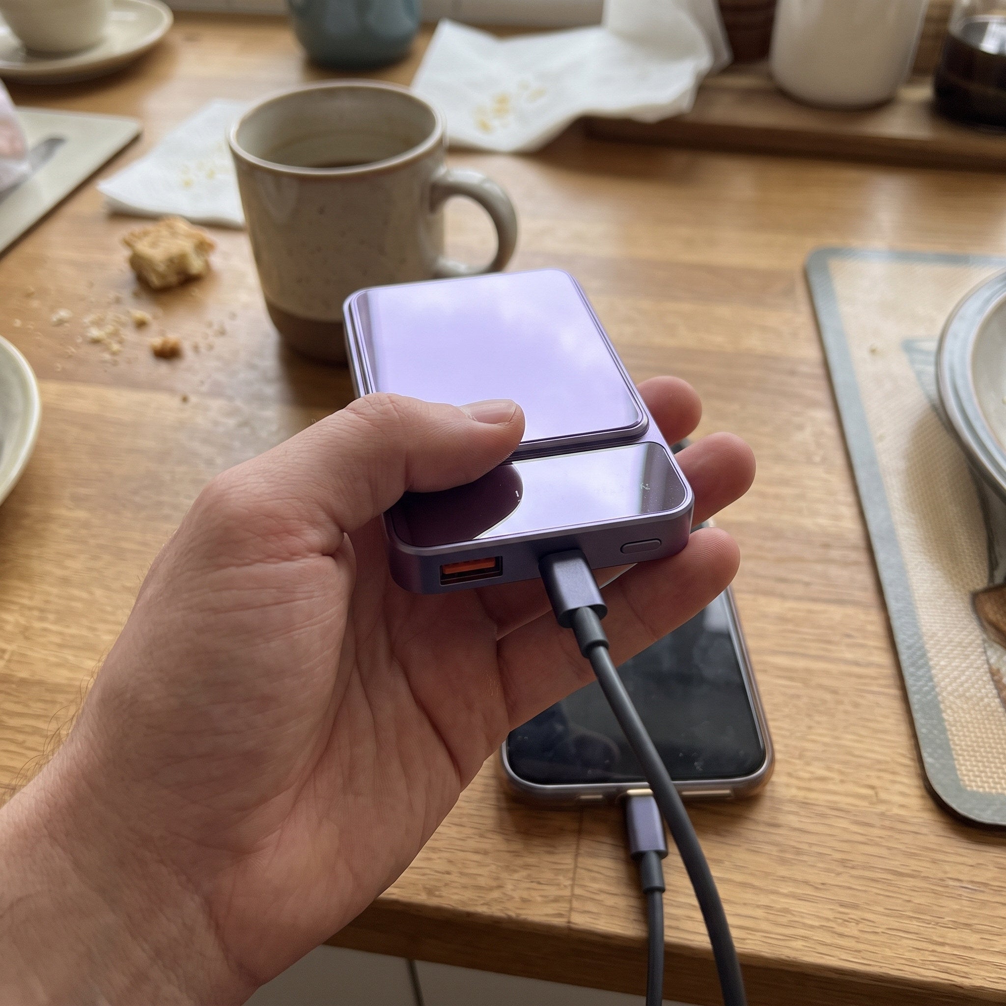 Purple CarryCharge with an external USB-C cable