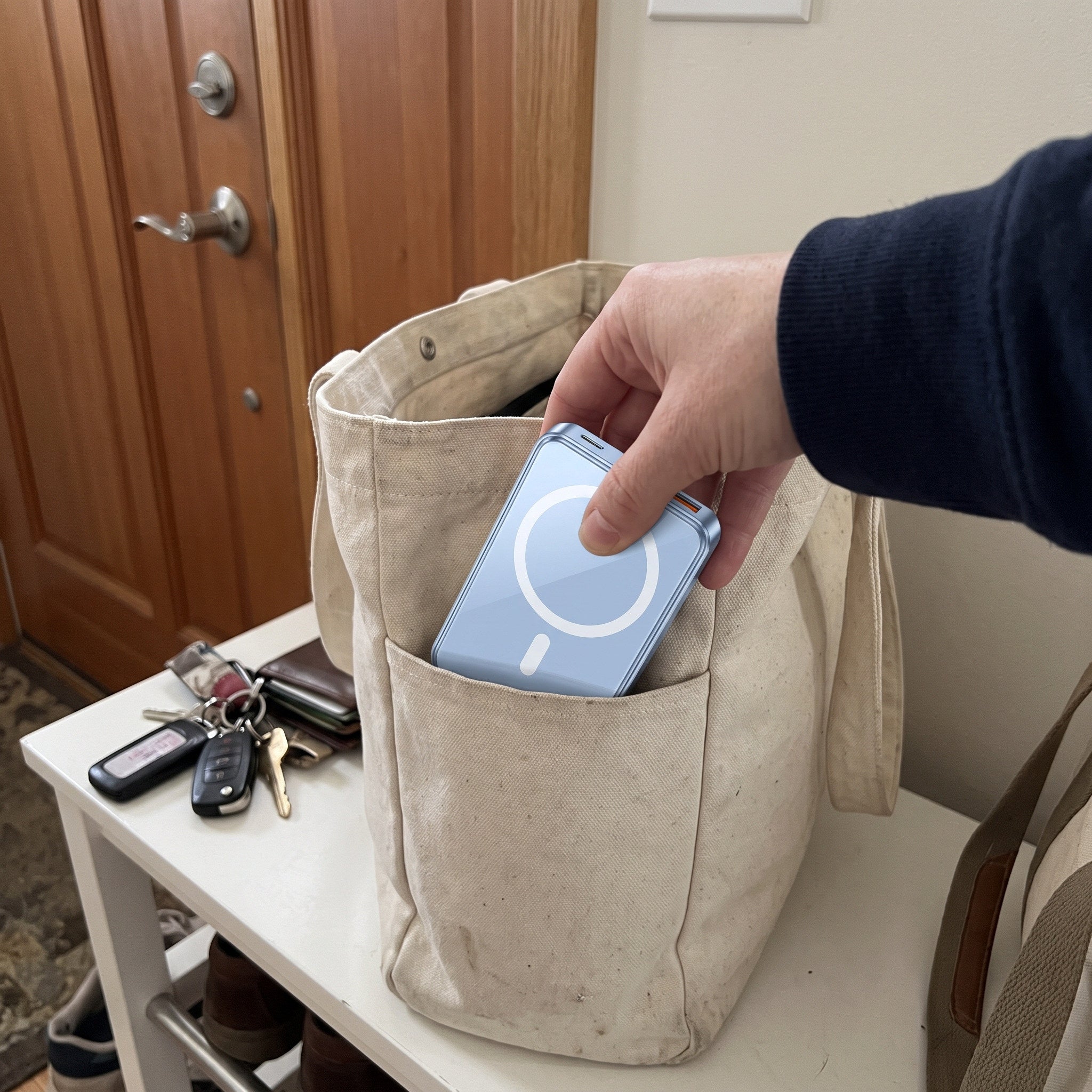Blue CarryCharge being packed into a day bag